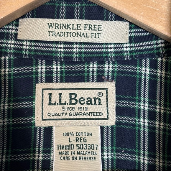 L.L. Bean Wrinkle-Free Long Sleeve Button Down Plaid Shirt-Navy/Green-Men Large - Picture 3 of 5